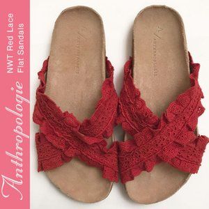 Anthropologie NWT Red Lace Ruffle Flat Sandals Size 7